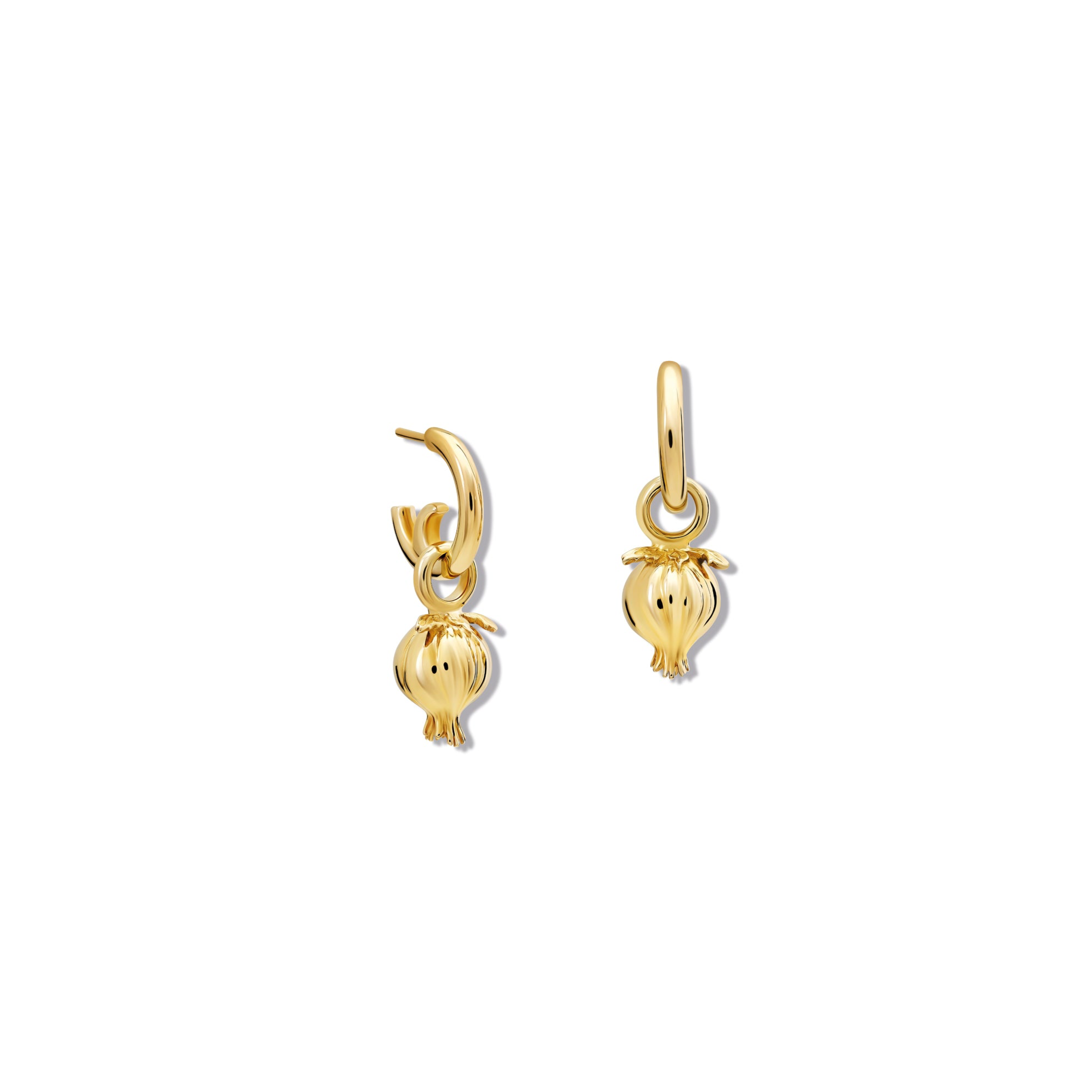 Handcrafted yellow gold pomegranate shaped earring drops.
