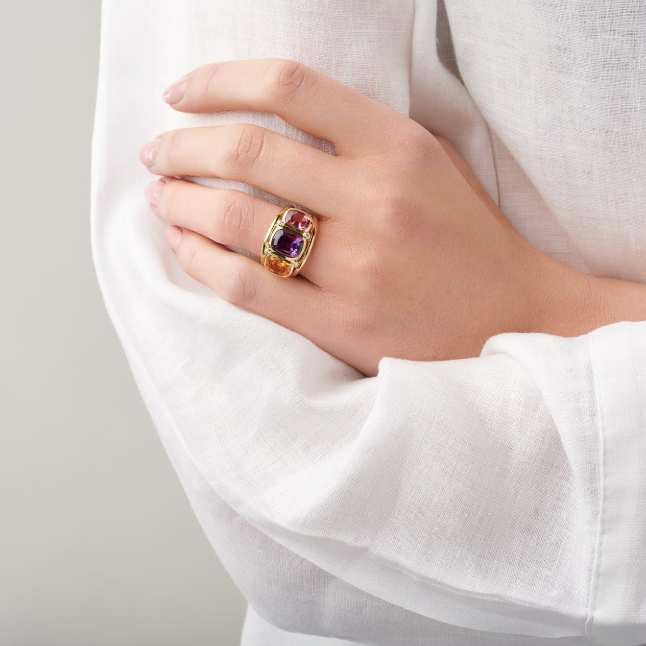 Ozymandias Ring 18ct Yellow Gold - Amethyst, Mandarin Garnet, Pink Tourmaline & Diamond Ring