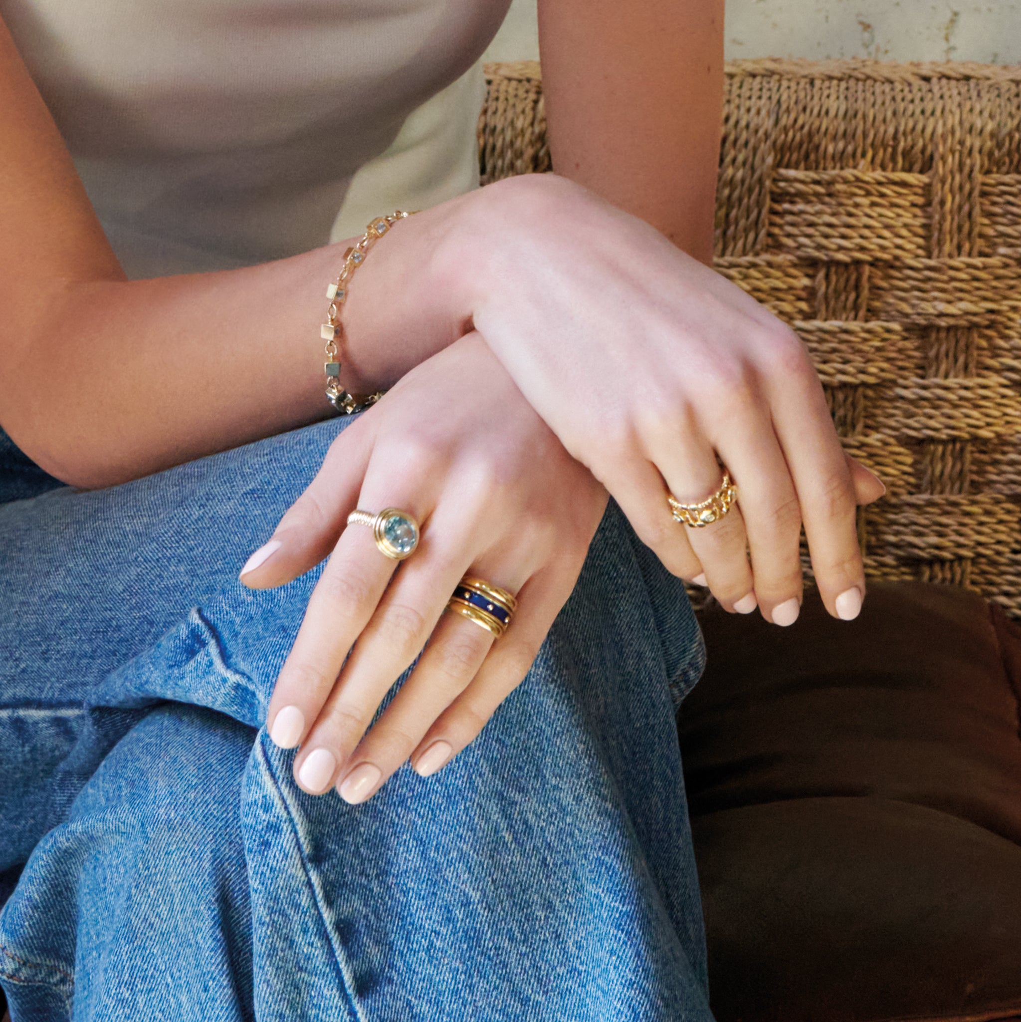 Model wearing a handcrafted 18ct yellow gold wedding band with a width of 3mm.