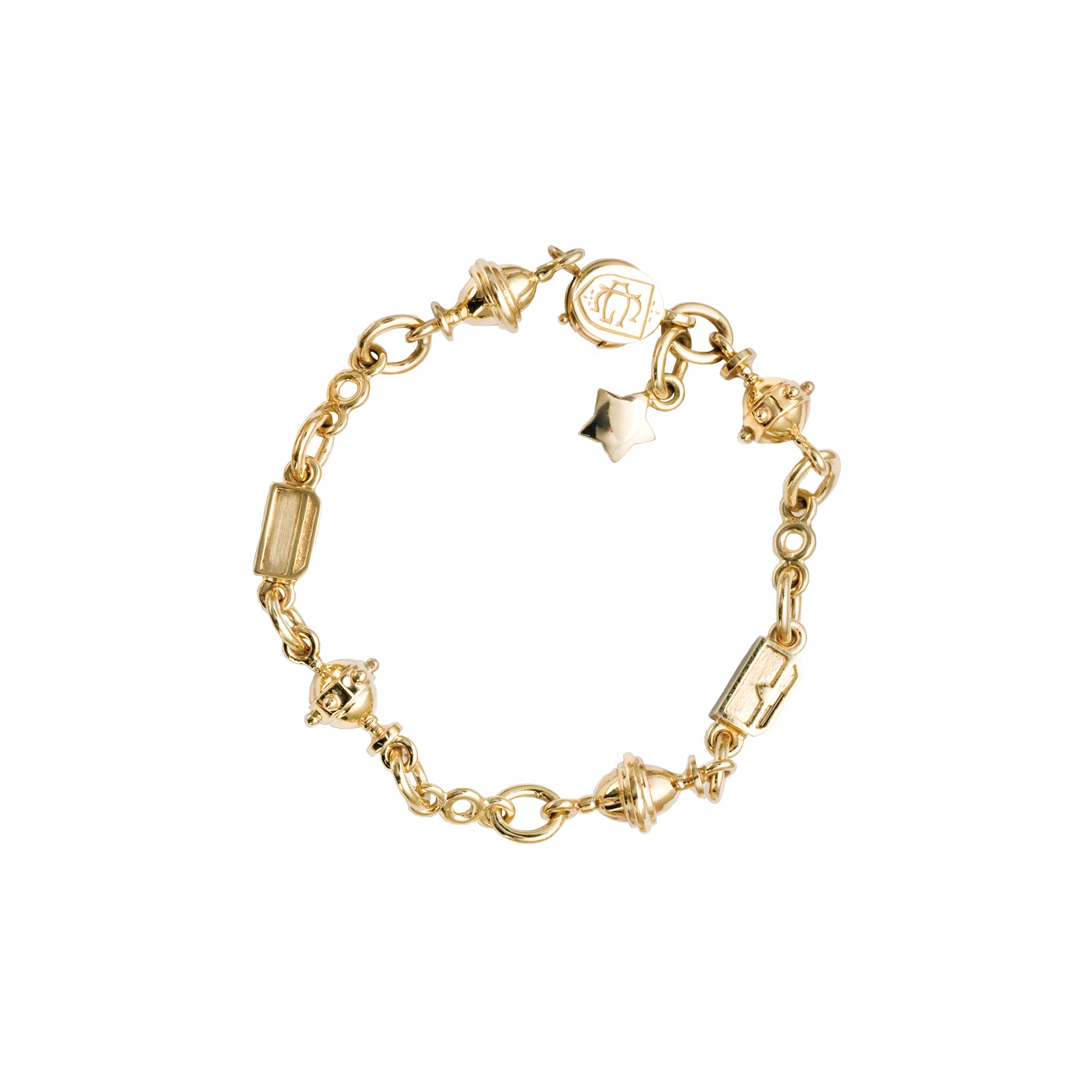 Handcrafted yellow gold charm bracelet featuring Three Kings charms.