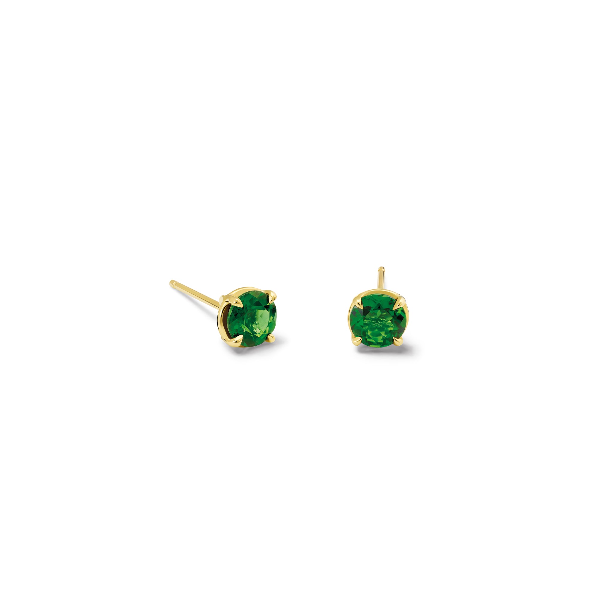 Handcrafted 18ct yellow gold stud earrings featuring round chrome diopside gemstones.