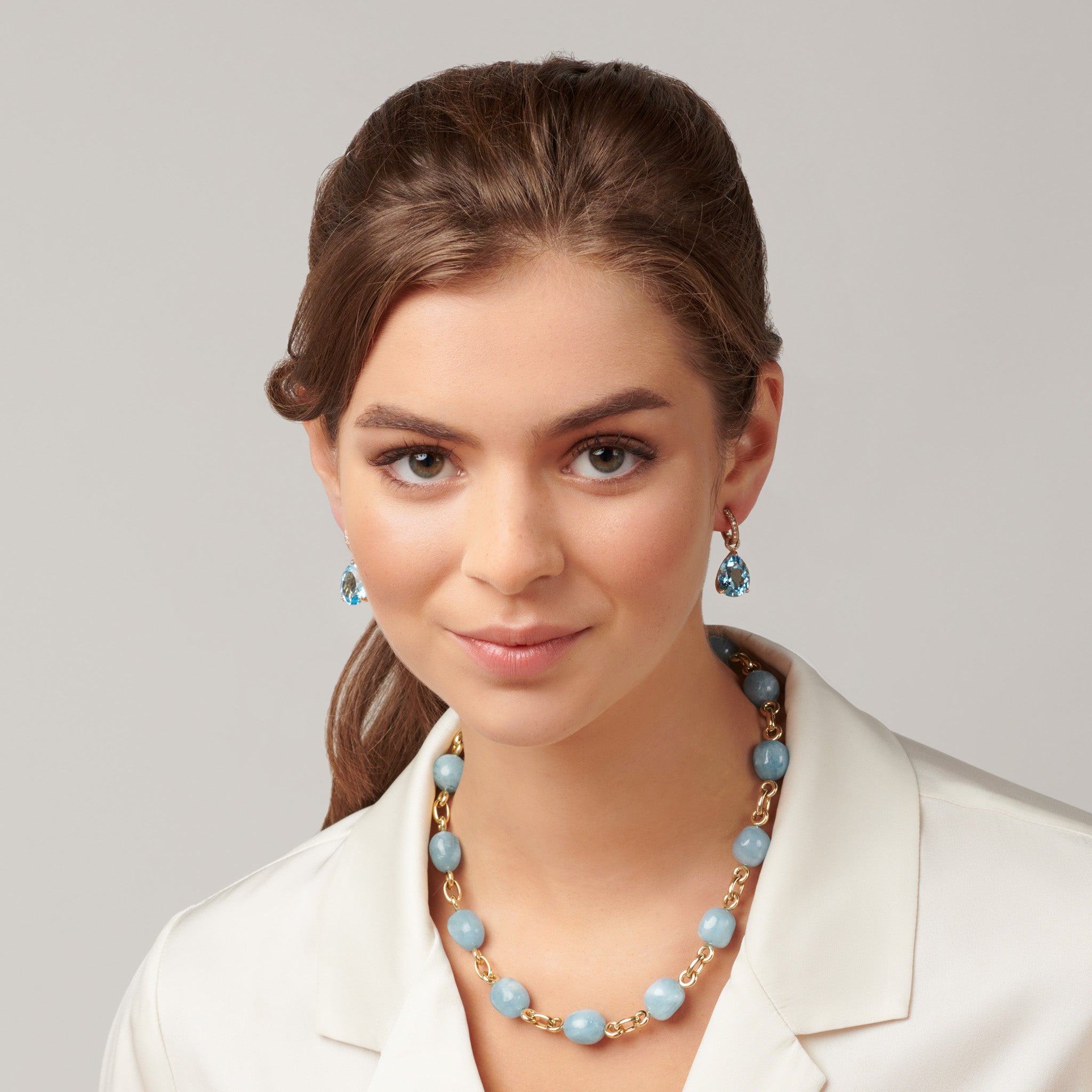 Luiza Earring Drops Yellow Gold - Blue Topaz & Diamond Pavé