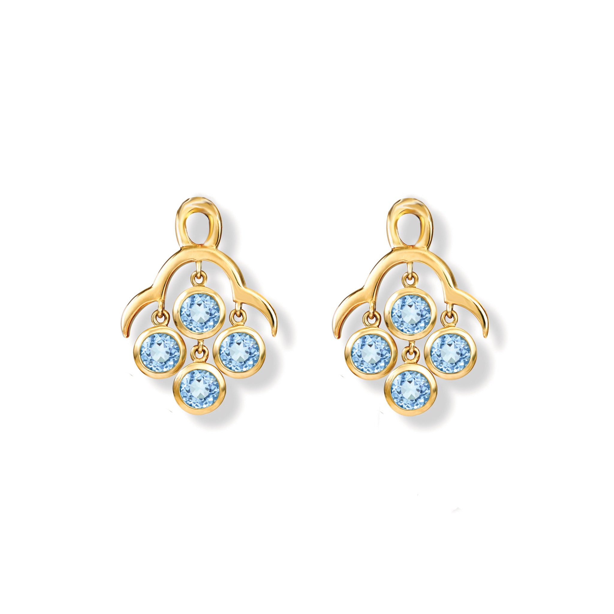 Handcrafted yellow gold earring drops inspired by acai berries featuring four blue topaz gemstones.