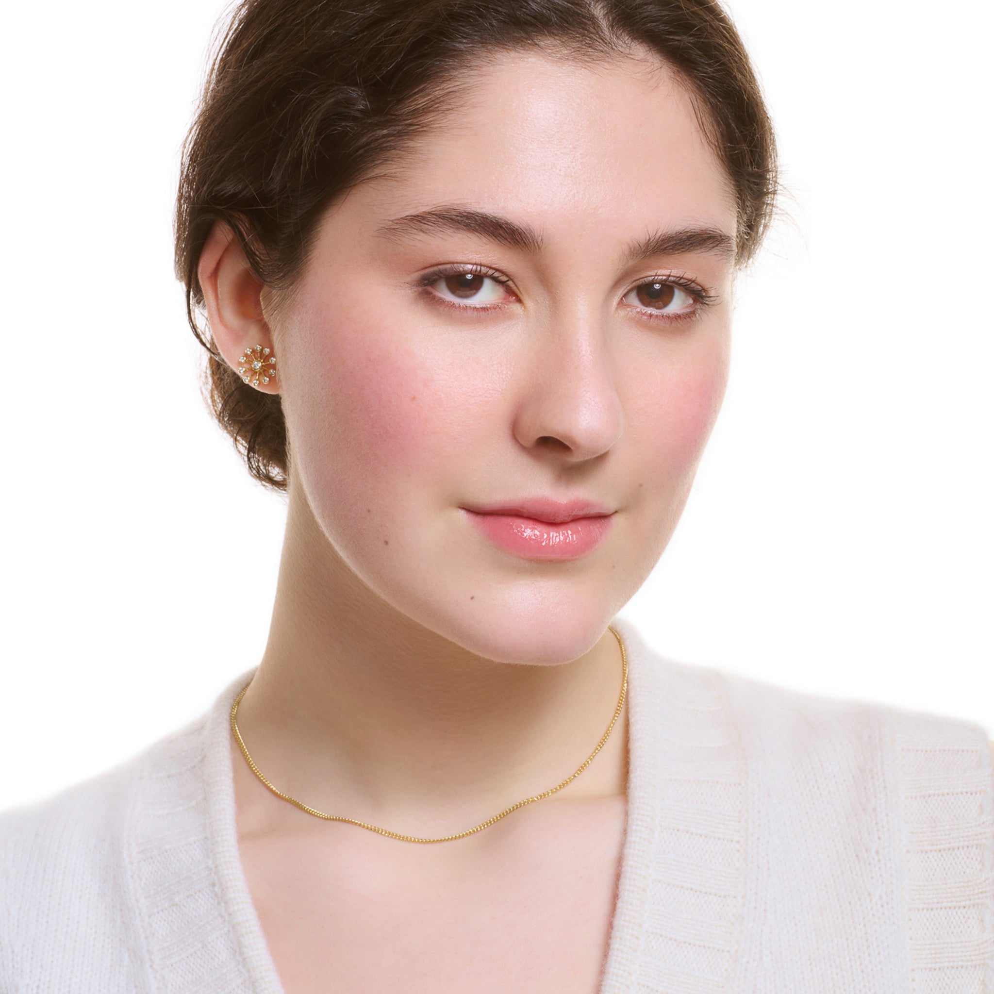 Model wearing a handcrafted yellow gold necklace chain perfect for small necklace pendants. 