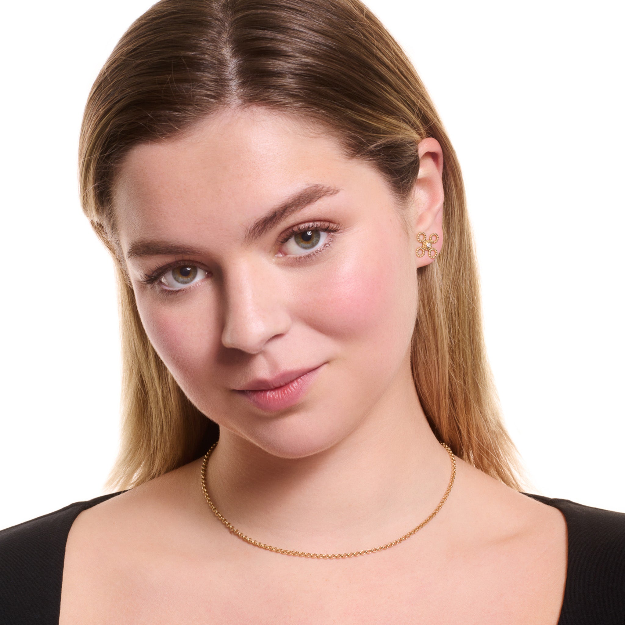 Model wearing a handcrafted yellow gold necklace chain featuring small chunky round links.