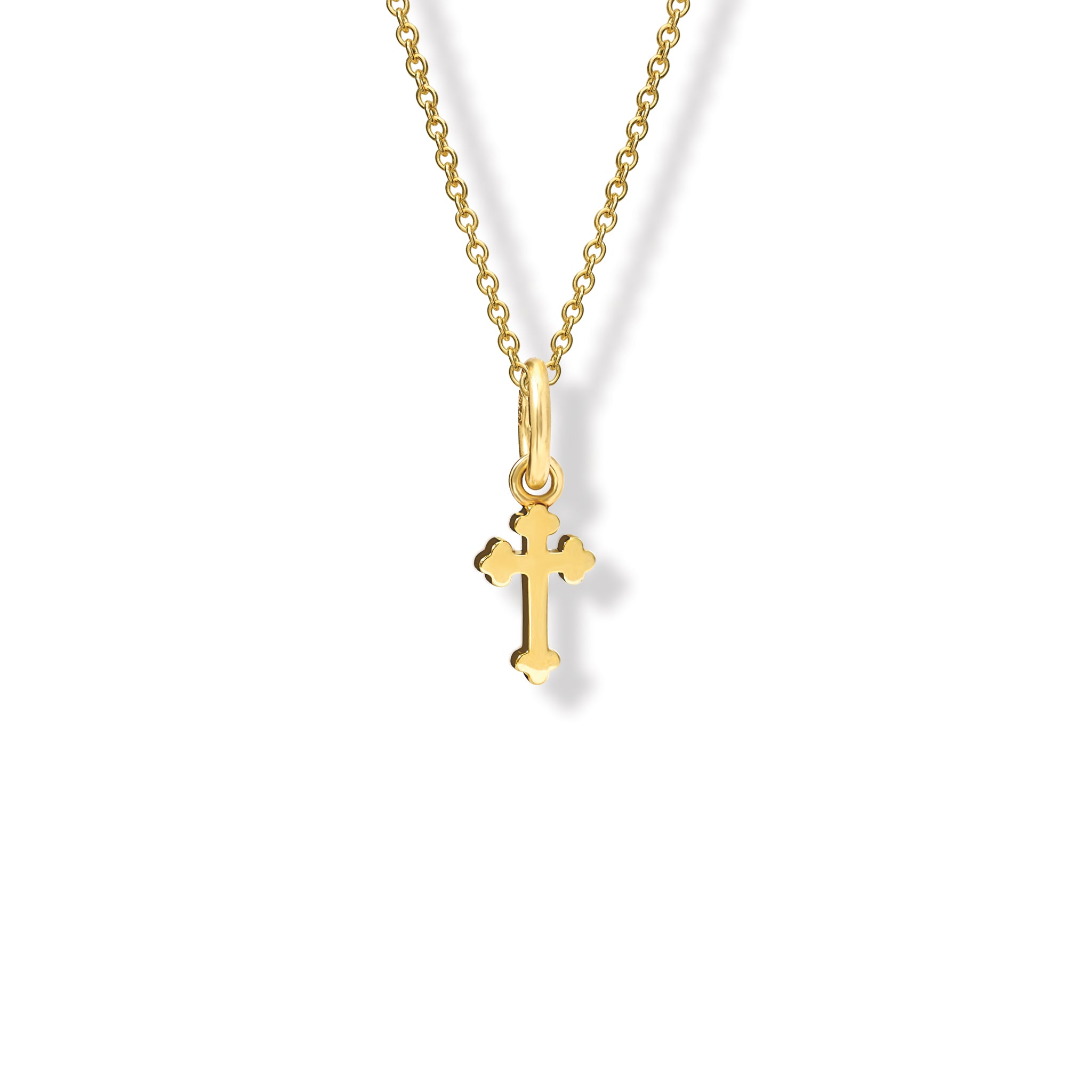 Handcrafted yellow gold cross necklace pendant featuring three-leaf clover ends, hanging from to a gold chain.