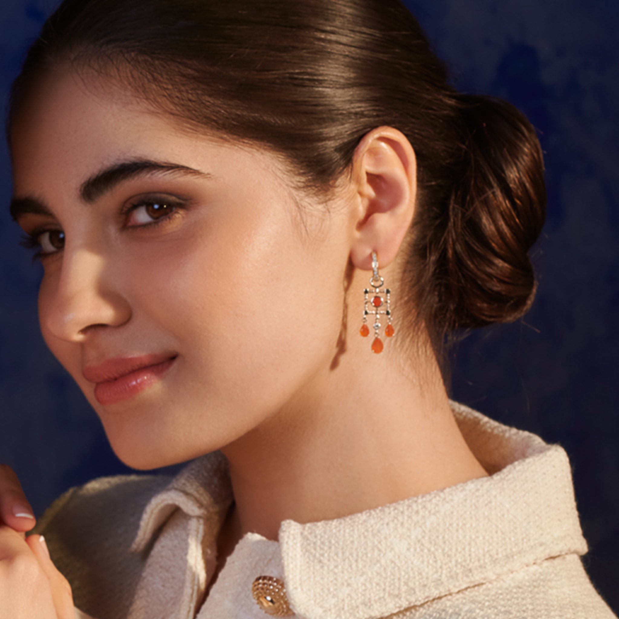 Mashrabiya Trellis Earring Drops Yellow Gold - Garnet & Diamond