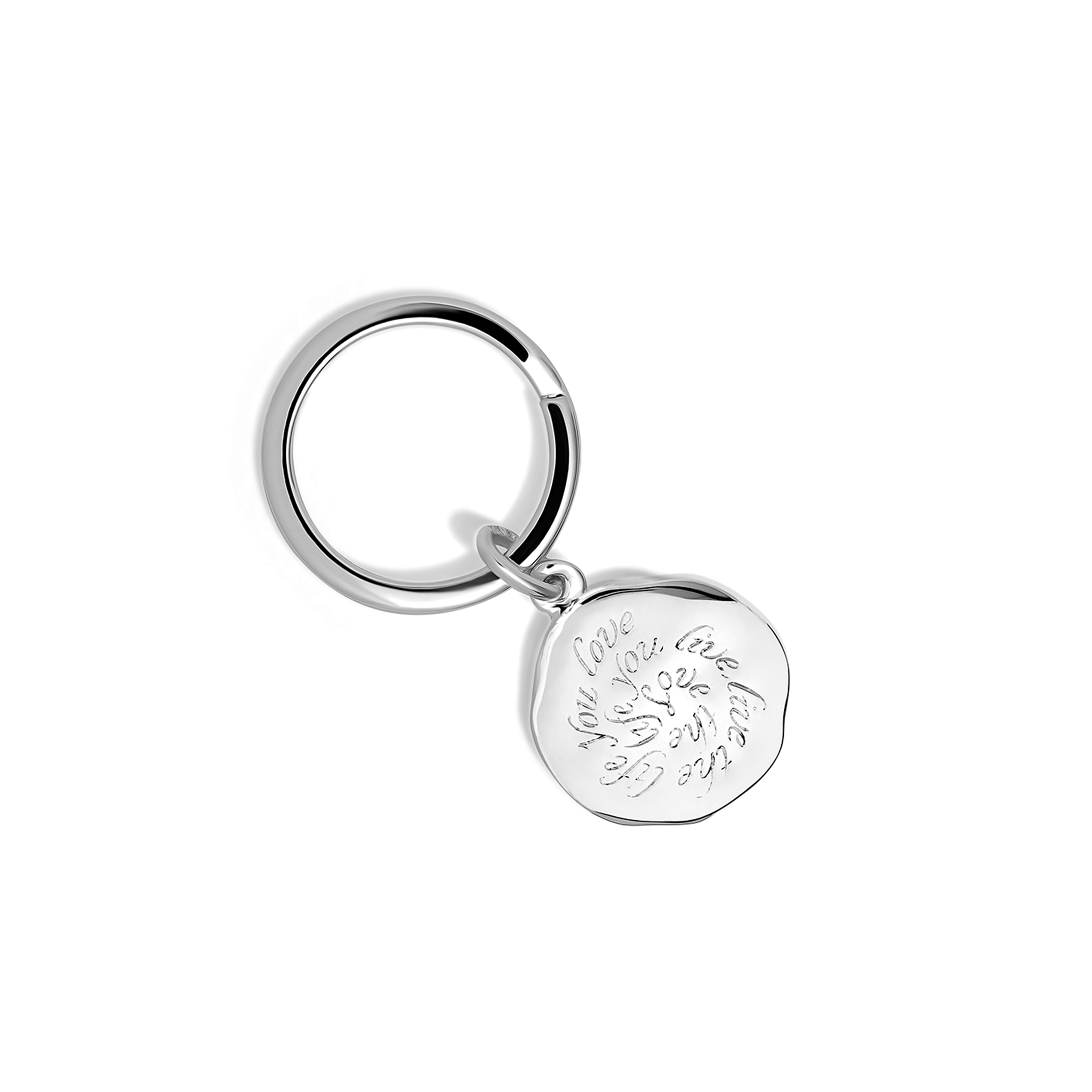 Handcrafted sterling silver key ring engraved with the quote, 'Love the life you live, live the life you love.'