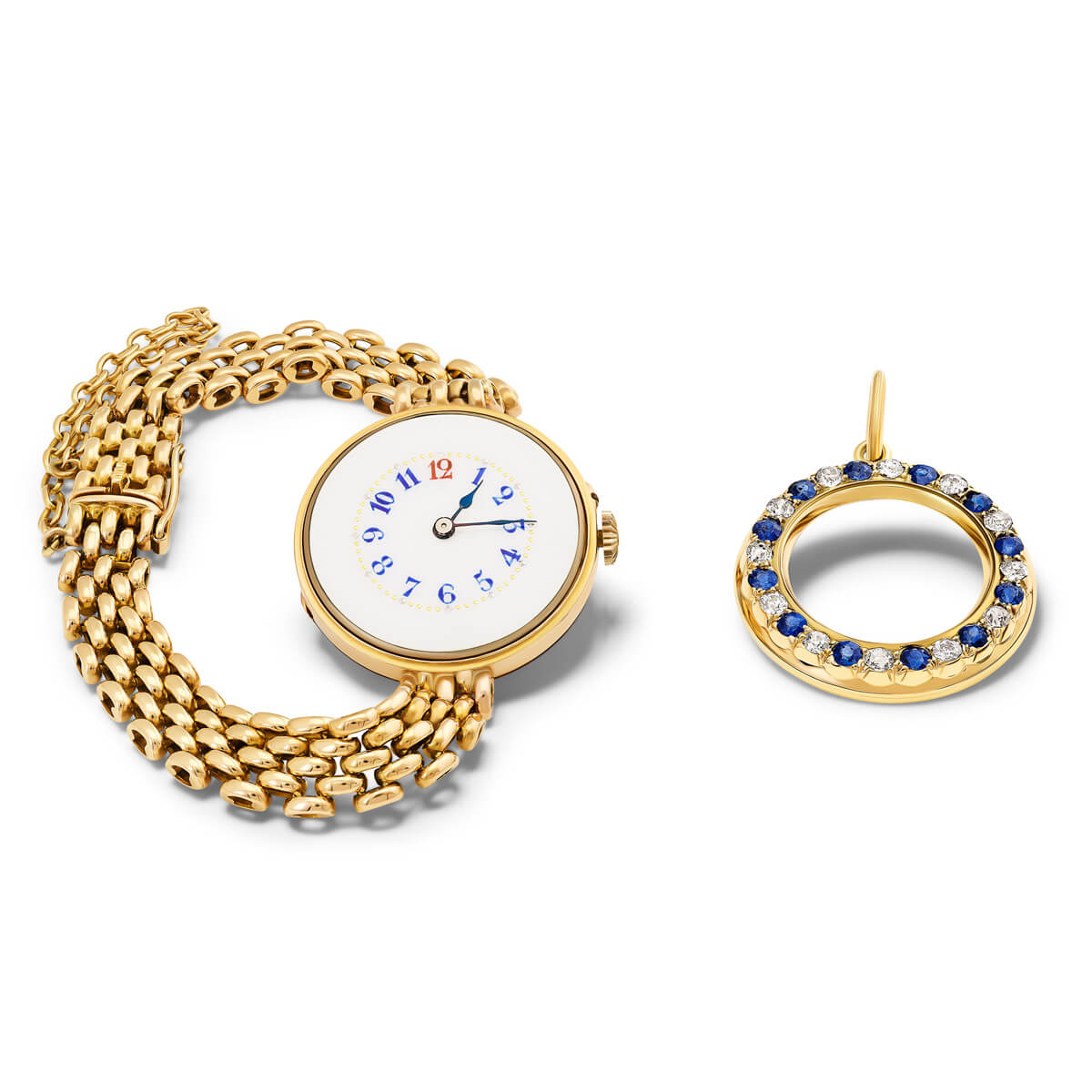 Handcrafted yellow gold watch featuring sapphire and diamond gemstones around the watch face.