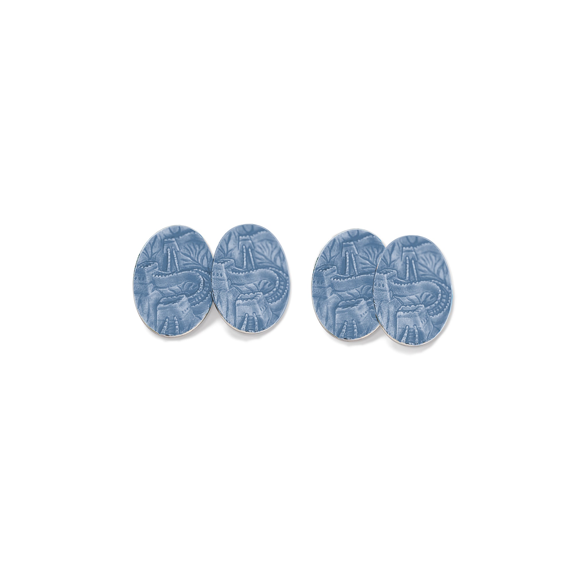 Handcrafted sterling silver double ended cufflinks featuring the Great Wall of China in grey blue enamel.