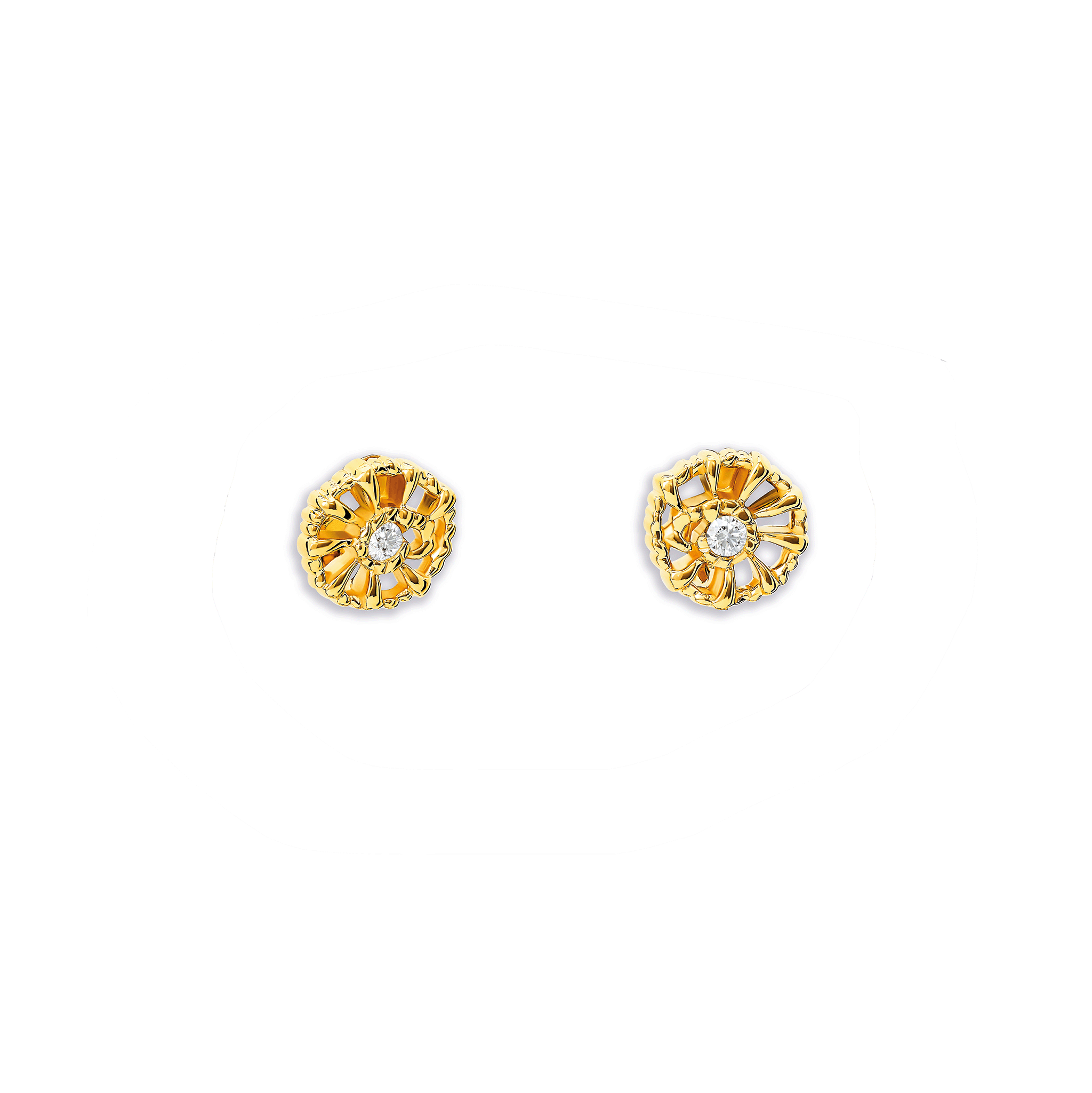 Handcrafted yellow gold earrings with diamonds in the shape of dried palm fronds from Morocco.
