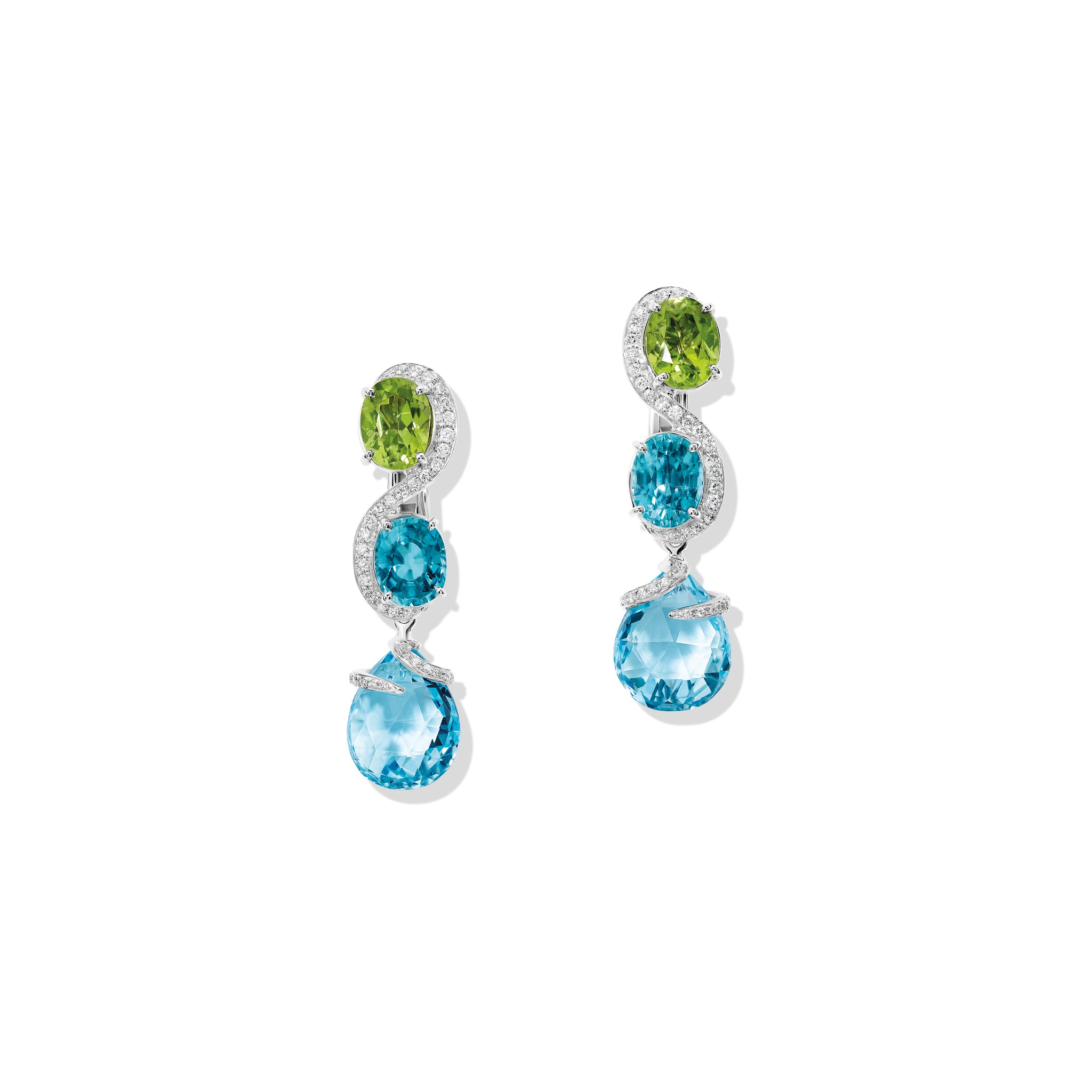 Handcrafted 18ct white gold earrings featuring an 's' shape linking the peridot, blue zircon, blue topaz with diamonds.
