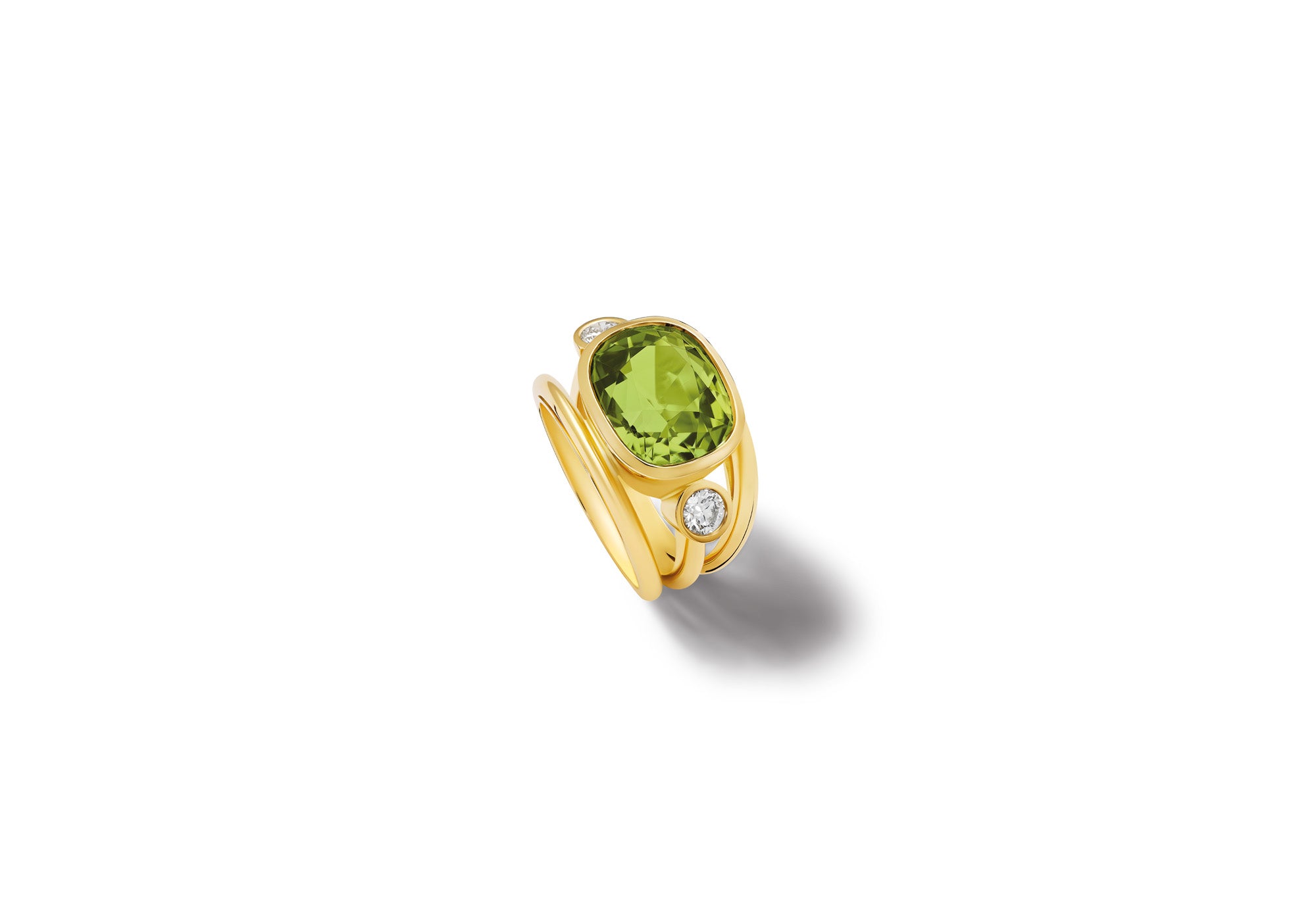 Handcrafted 18ct yellow gold ring featuring a central facetted green tourmaline with diamonds either side.