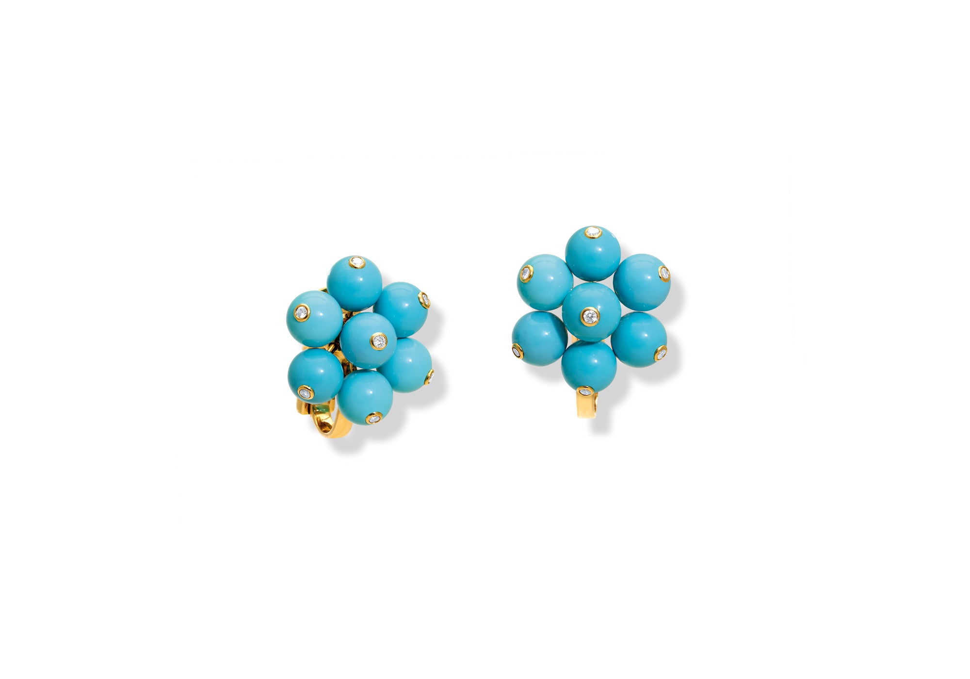 Handcrafted yellow gold earrings with a cluster of turquoise beads with diamonds on the end.