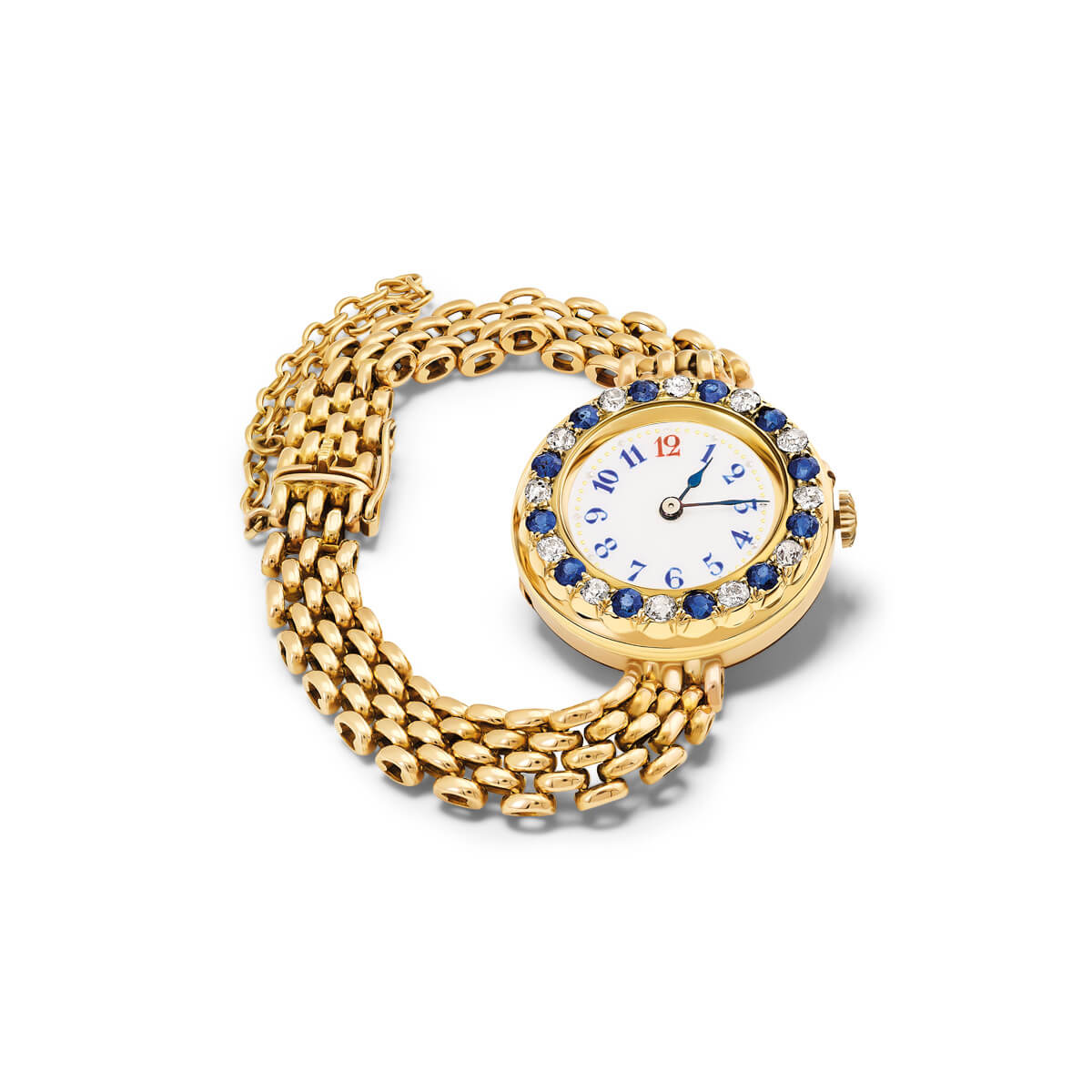 Handcrafted yellow gold watch featuring sapphire and diamond gemstones around the watch face.